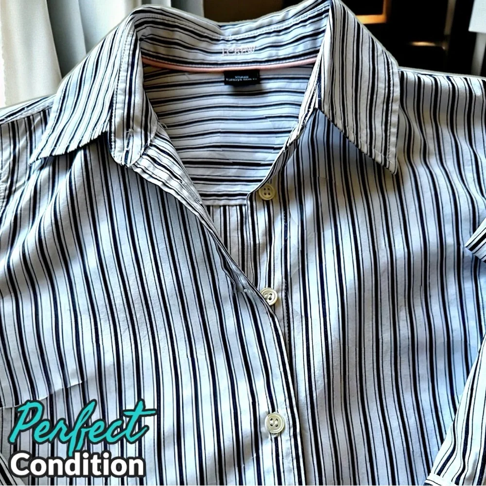 Like New 🌸 J Crew Navy and White Striped Button-Down Shirt Slim Fit, Kathryn Cut - Picture 15 of 17